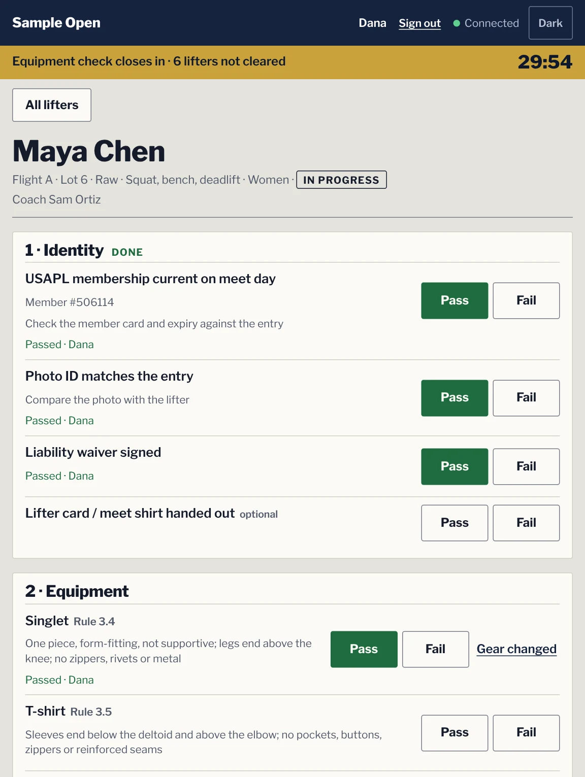 The check-in station on a tablet before the meet. Maya Chen is in progress: identity done, with membership, photo ID and waiver passed, and the equipment check started with her singlet passed. A gold banner says the equipment check closes in 29:54, with 6 lifters not cleared.
