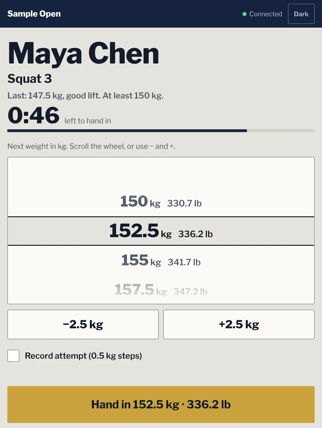 The walk-up kiosk on a tablet: Maya Chen, squat 3. Last: 147.5 kg, good lift; at least 150 kg. 46 seconds left to hand in, 152.5 typed in, and a gold Hand in 152.5 kg button.