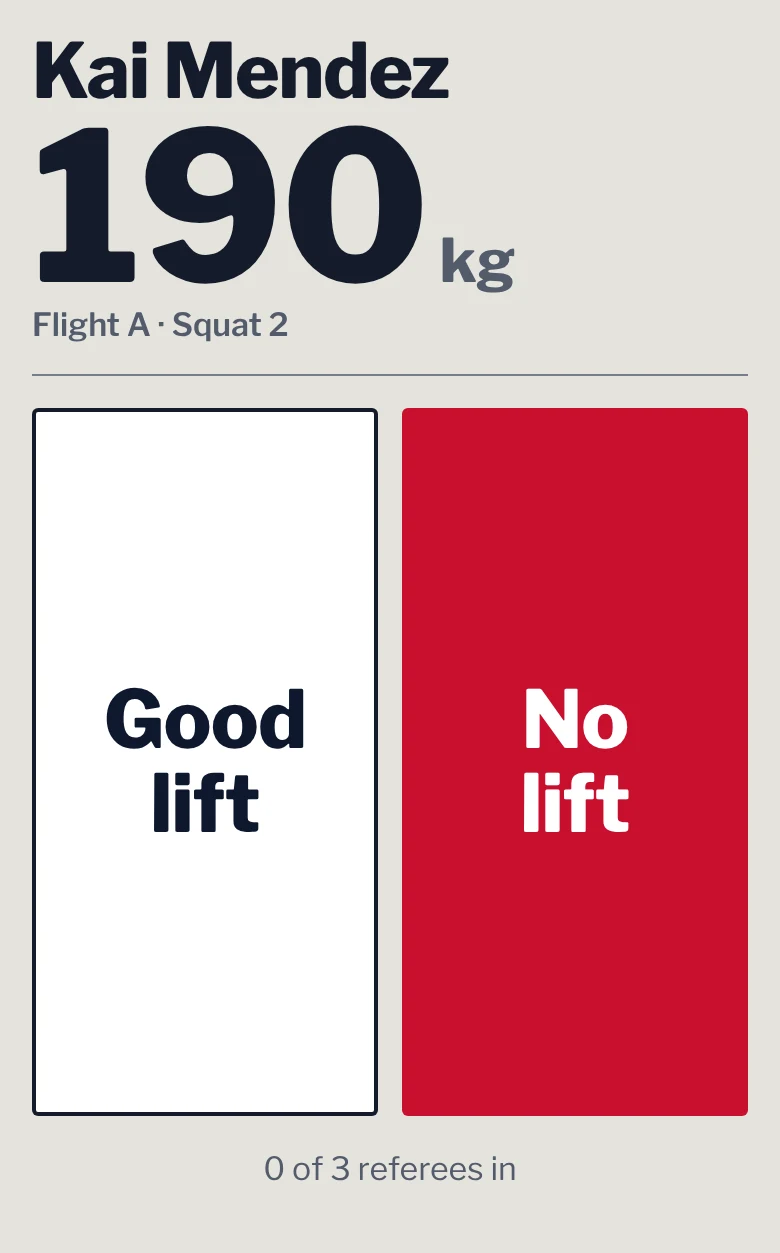 Referee phone: Kai Mendez, 190 kg, flight A, squat 2, with a large Good lift button and a large No lift button.